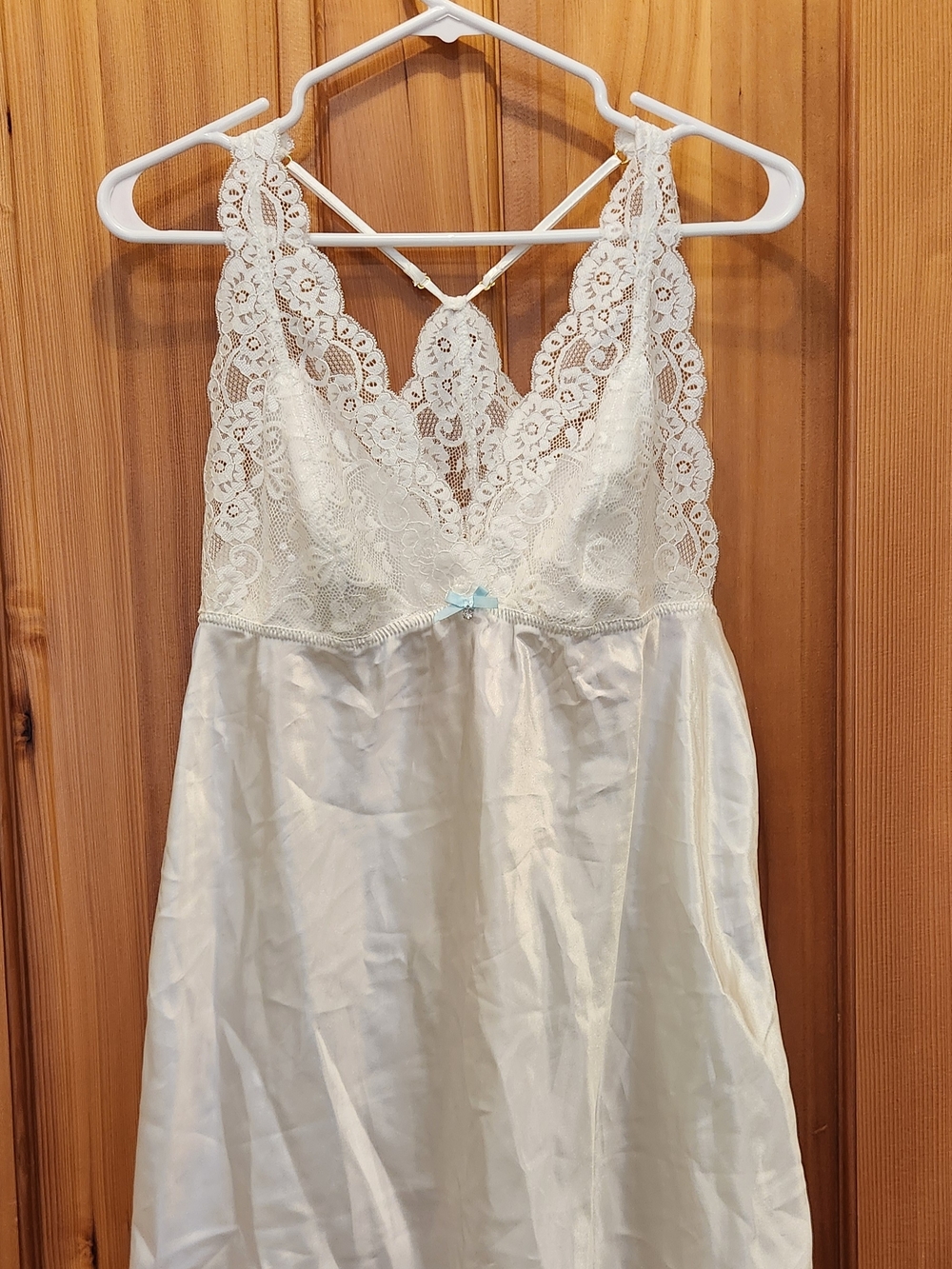 Flora Nikrooz Ivory Lace-Trim Satin Chemise with Light Blue Bow